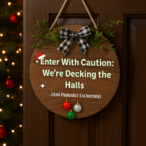Funny Christmas Door Sign | Enter With Caution Were Decking the Halls | Wooden Holiday Door Hanger | Rustic Christmas Decor | Funny Gift