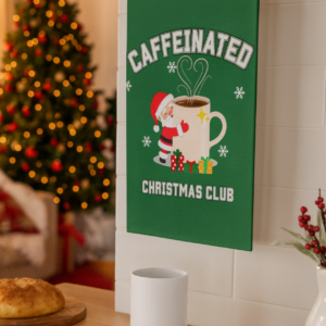 Caffeinated Christmas Club Tea Towel, Holiday Kitchen Decor, Funny Gifts for Coffee Lovers, Christmas Party Towel, Festive Home Accessories